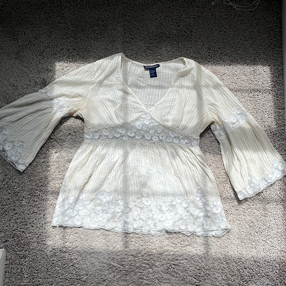 White Boston Proper Silk blouse with mesh design.